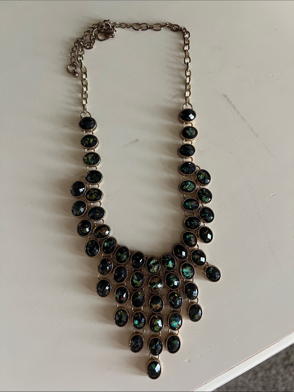 Statement Necklace with Iridescent Dark Green Stones